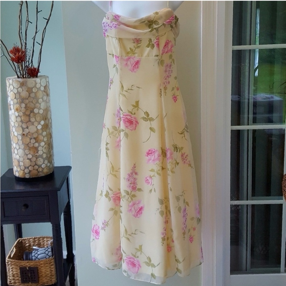 Betsy & Adam Floral Chiffon A-Line Dress in Pale Yellow and Pink